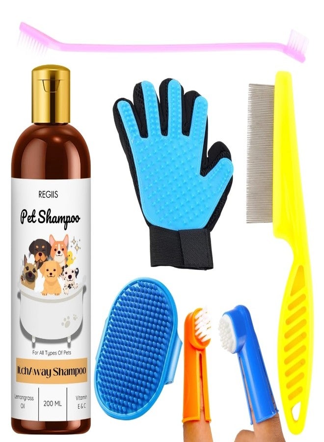 Regiis Pet Grooming Kit with Shampoo, Brushes, Glove, Comb for Dogs, 200ml Lemongrass Oil Formula, Blue, Pink, Yellow Accessories(PACK OF 5) - Image 1